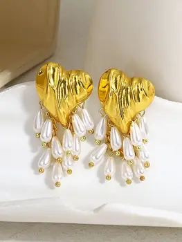 Модные Шикарные Металлические Серьги-подвески с жемчугом неправильной формы в виде металлического сердца для женщин, Эффектные серьги золотого цвета, Очаровательные ювелирные изделия