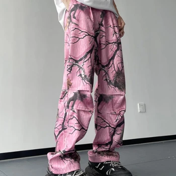 Американский тонкий ледяной шелк, розовые камуфляжные брюки, мужские брюки, мужская хип-хоп повседневная свободная спецодежда, мужская одежда для уличных десантников