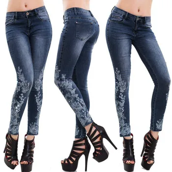 Женские узкие джинсы-карандаш с вышивкой, стрейчевые облегающие брюки для фитнеса, джинсовые комбинезоны для женщин, женские джинсовые леггинсы из денима