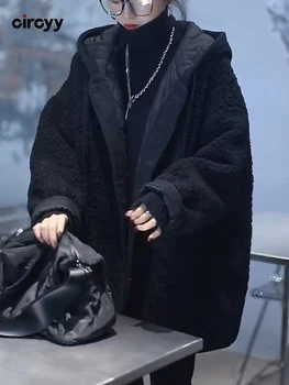 Зимнее пальто Circyy с капюшоном, женская куртка из искусственного меха, новинка 2023 года, однобортные пальто с длинным рукавом, Винтажная модная свободная толстая верхняя одежда
