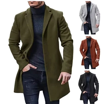 Осенне-зимнее модное мужское шерстяное пальто, тонкий теплый тренч, ветровка, мужской однобортный костюм с вырезами на лацканах, верхняя одежда