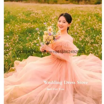 Элегантные румяна с открытыми плечами, Розовые тюлевые платья с длинными рукавами для выпускного вечера, Корейское вечернее платье для невесты, вечернее платье Mariage