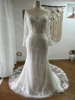 Свадебное платье русалки с V-образным вырезом и длинным рукавом C5060M, кружевная аппликация и бисероплетение, кружевное свадебное платье Русалки для невесты