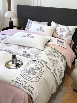 Бело-розовое Лоскутное одеяло, Французская вышивка Элегантными цветами, Комплект постельного белья из 100% хлопка, Пододеяльник, Плоская простыня, Наволочки Queen Для кровати