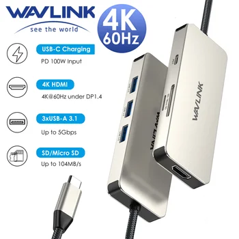 Wavlink USB C КОНЦЕНТРАТОР 4K @ 60Hz к HDMI PD 100 Вт Адаптер Для Чтения карт SD/TF Для MacBook Pro/Air, iPad Pro, Surface, Thunderbolt 3/4