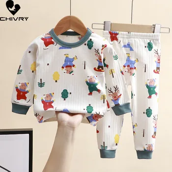 Новые детские осенние пижамные комплекты 2023 года Для маленьких мальчиков и девочек, футболка с круглым вырезом и длинными рукавами с мультяшным принтом и штаны, пижамы для новорожденных