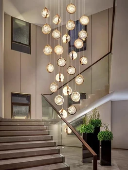 Двухуровневая лестничная люстра с вращающимся хрустальным шаром Nordic Luxury Villa Hollow High Living Room Lobby с пузырьковым шаром, светодиодная длинная люстра