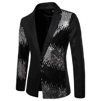 Новый стиль, блестящий черный костюм с блестками, пальто, мужской приталенный блейзер на одной пуговице, куртка, Мужской блейзер для певцов на вечеринке, S-2XL