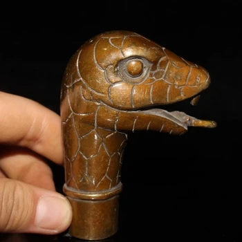 Китайский зодиак Змея Латунь, медная трость ручной работы, статуэтка с ручкой в виде змеиной головы