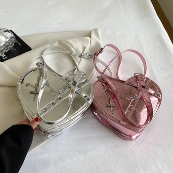 Женская сумочка в стиле панк в форме сердца, готическая сумка-тоут Y2K из искусственной кожи с крестиками и цепочкой металлического цвета, уличная сумка Spice Girls
