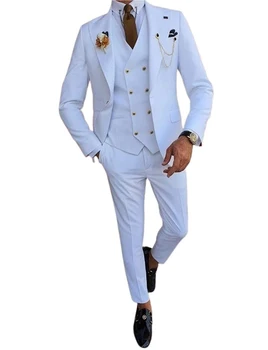 Мужской свадебный костюм, пиджак на одной пуговице с двубортным жилетом, смокинги для жениха на выпускной