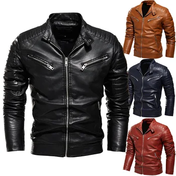 Новая мужская кожаная куртка, однотонная мужская куртка из искусственной кожи, мотоциклетная куртка, плюшевая мужская куртка