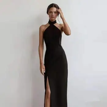 Черное Эластичное Атласное Вечернее Платье French Hepburn Без бретелек с разрезом Vestidos De Noche 2023