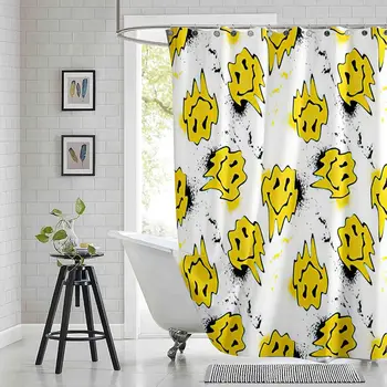 Желтые искаженные Плавящиеся занавески для душа со смайликом, современные набивные занавески для ванны из водонепроницаемого полиэстера с крючками