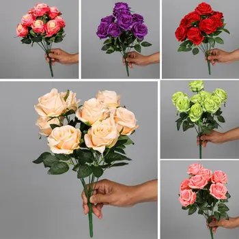 9 Голов Розы Большой Букет с искусственным шелковым цветком СДЕЛАЙ САМ Свадебная вечеринка Цветочный Букет Домашний Декор стола в гостиной Искусственные цветы