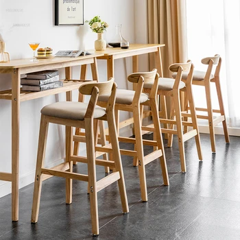 Барные стулья из массива дерева в скандинавском стиле Современная минималистичная домашняя кухня Высокий барный стул Стулья для отдыха со спинкой Барная мебель Дизайнерский стул для кафе