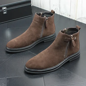 Мужские ботинки Челси для отдыха в английском стиле, черно-коричневые ботинки из коровьей замши, винтажные ковбойские ботинки, красивые ботильоны