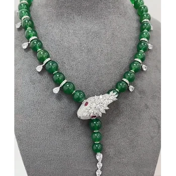 Массивное серебро 925 пробы, зеленые агатовые бусины, ожерелья с высокоуглеродистыми бриллиантами в форме змеиной головы, роскошные дизайнерские украшения для женщин
