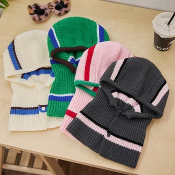Женские шапки-шарфы с капюшоном Контрастного цвета, шарф с воротником, шапочка на пуговицах, Вязаный пуловер, Балаклава, Шапочка, Зимняя теплая шапочка