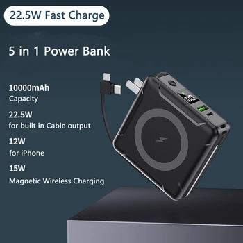 Беспроводной Powerbank 10000 мАч со штекером, встроенный кабель, цифровой дисплей, быстрая зарядка, портативный мобильный банк питания, Резервная батарея.