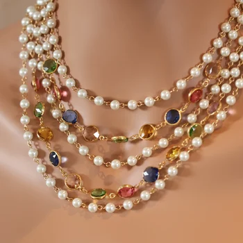 Многослойное ожерелье с жемчужной подвеской цвета макарон из хрусталя