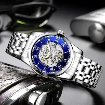 Мужские роскошные деловые полые механические часы, высококачественные мужские светящиеся водонепроницаемые модные часы со стальным ремешком