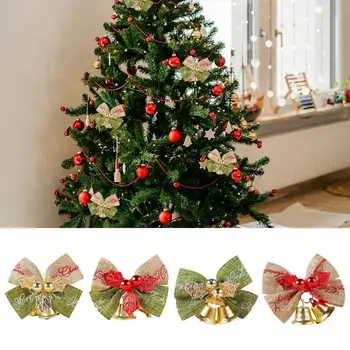 Рождественский бант с колокольчиками, 5 шт., подарочные гобелены с мини-бантом, украшение для рождественской елки, декоративный бант из мешковины в деревенском стиле