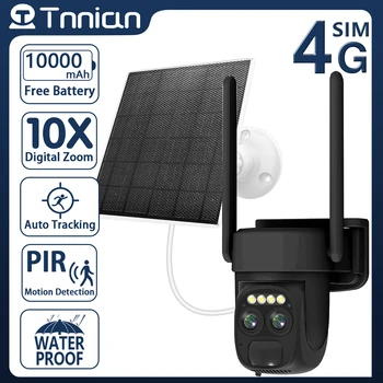 Tnnian 4K 8MP 4G PTZ с двумя объективами, Wi-Fi, солнечная камера, аккумулятор, PIR Отслеживание человека, наружная камера видеонаблюдения, IP-камера