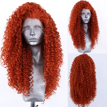 FANXITION Имбирно-Оранжевый Афро Вьющиеся Синтетические Волосы На Кружеве Парики Бесклеевые Волосы Из Теплового Волокна Длинные Вьющиеся Волосы На Кружеве Парик Для Повседневной Носки
