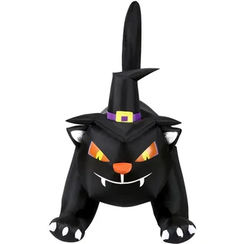 6-футовый. Широкая надувная черная кошка на Хэллоуин со шляпой ведьмы и светодиодными гирляндами | Праздничные надувные украшения для праздников