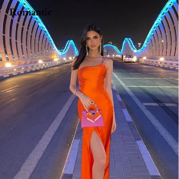 Романтические оранжевые атласные платья для выпускного вечера с одним плечом, сексуальное платье для дня рождения с высокой талией, длинное вечернее платье для женщин 2022