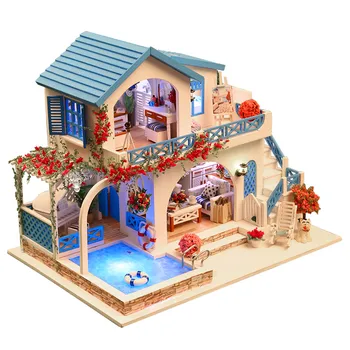 Кукольный домик своими руками, бело-голубой городок, миниатюрные предметы с аксессуарами и мебелью, игрушки Assembly Casa, подарок для нее