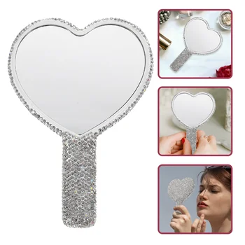 Хрустальное зеркало для макияжа в виде сердца, портативное для путешествий, женское, легкое, с ручкой из АБС-пластика, маленькое, компактное.