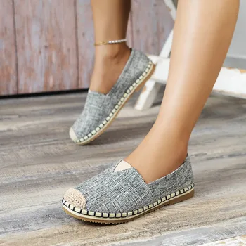 Женская льняная обувь с круглым носком, однотонная обувь с тканевой поверхностью, повседневная обувь на плоской подошве в стиле пэчворк, с мелким вырезом, Zapatos Para Mujeres
