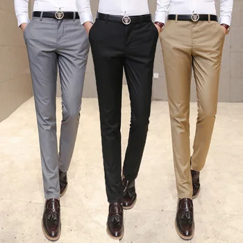 Мужские костюмные брюки, мужские модельные брюки, деловые офисные эластичные, устойчивые к морщинам Классические брюки, черные облегающие мужские модельные брюки