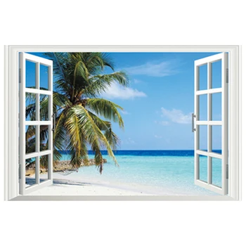 Настенная роспись с видом на море, Пляж, Пальма, 3D Поддельное окно, Виниловые наклейки на стены, Декорации для дома, Креативный плакат, Обои 60 *40 см