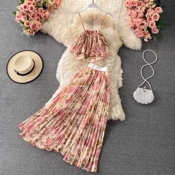 Комплекты платьев в пляжном стиле, женская майка с цветочным принтом и открытой спиной + милая эластичная юбка с высокой талией и плиссированным бюстом, женская прямая поставка