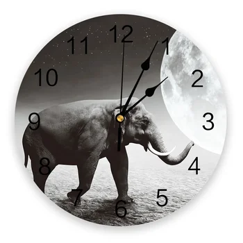 Черно-белое Животное Слон Луна Звездное Кухонные Настенные Часы Настольные Цифровые Часы Без тиканья Креативные Часы для детской комнаты