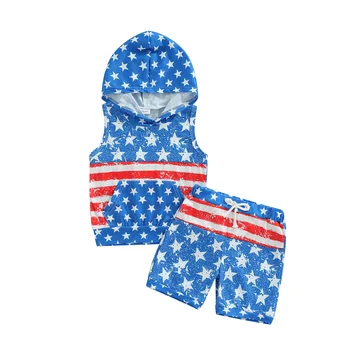 Комплект шорт для маленьких мальчиков, жилет с капюшоном в звездную полоску и шорты с эластичным поясом, летняя одежда 18 м-6 Т