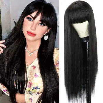 Длинный Прямой черный парик с челкой, синтетические парики для женщин, термостойкие натуральные волосы для ежедневной вечеринки в честь Хэллоуина, Косплея