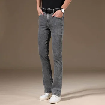 Мужские летние тонкие брюки-клеш, мужские эластичные джинсы-клеш со средней талией, джинсы-клеш с микро-клеш