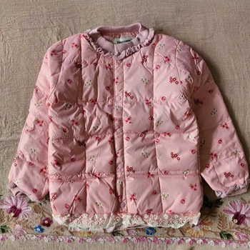 Пуховик для девочек, детское теплое пальто с цветочной подкладкой, модный приталенный топ, детская осенне-зимняя одежда