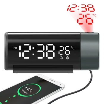 Цифровой будильник Светодиодный электронный настольный проектор Часы с проекцией времени Прикроватная тумбочка для спальни Автоматическая подсветка Поворот на 180 °