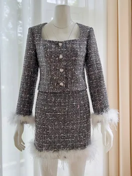 YIGELILA, Модная женская юбка из твида и перьев, осенняя элегантная юбка-карандаш в стиле ампир, выше колена, Офисная леди 51263