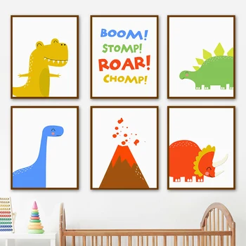 Милый динозавр юрского периода, Топающий вулканом, настенная живопись на холсте, плакаты на скандинавскую тему и принты, настенные панно, декор для детской комнаты Kawaii Baby