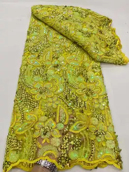 Роскошное издание Африканской кружевной ткани 2023 Года, Новейшая желтая Индийская ткань Сари, Высококачественный тюль, 3D кружевное свадебное платье с блестками YYZ9291