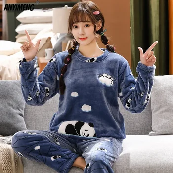 Новая зимняя фланелевая пижама для молодых девушек, высококачественная бархатная пижама с круглым вырезом и карманом, женская повседневная одежда