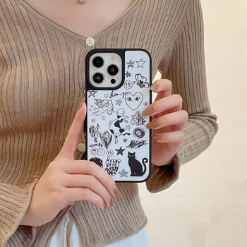 Модный белый чехол для телефона с иллюстрацией граффити для iPhone 13 12 15 14, противоударный бампер с милым котом, задняя крышка для iPhone 15Pro