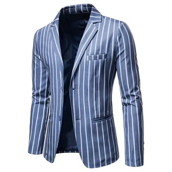 Осеннее новое просторное пальто в европейскую и американскую полоску с двумя пуговицами синего цвета в западном стиле