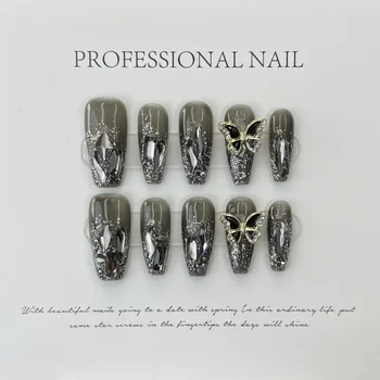 Черный пресс ручной работы на ногтях с блестящим дизайном, Многоразовый клей, Корейский накладной ноготь Y2K, Искусственное полное покрытие кончика ногтя, нейл-арт